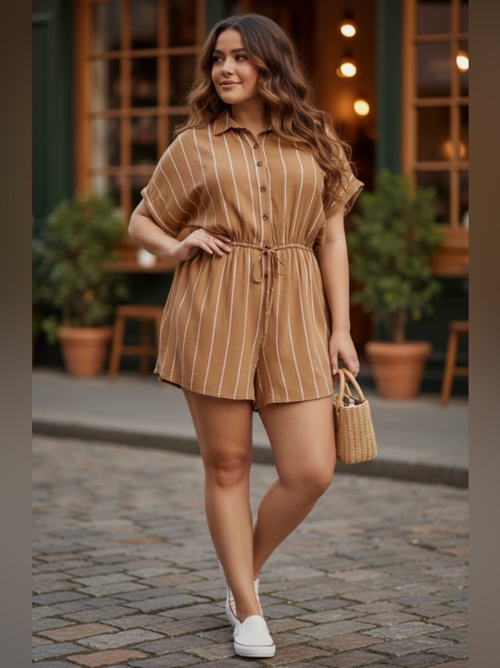 Torrid Stripe Button-Front Romper in Tobacco and White